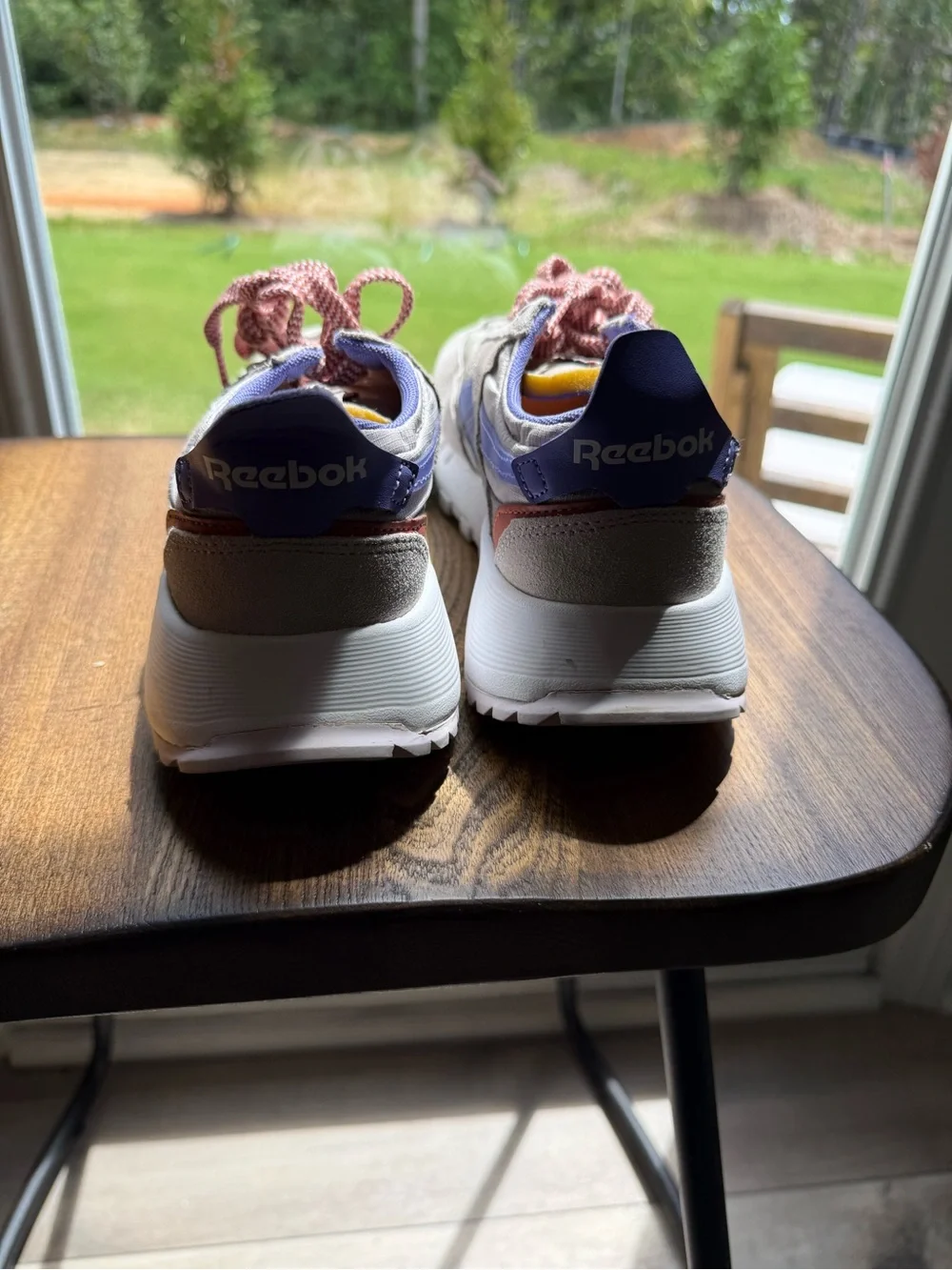 Reebok Beige and Purple Women's Platform Sneaker with Pink Laces
